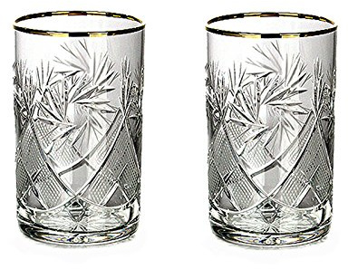 HomeHut Russian Cut Crystal Tea Glass for Hot & Cold Beverages (8.5 oz), 24K Gold Rimmed Glassware fits Metal Holder Podstakannik, Vintage Soviet USSR (2)