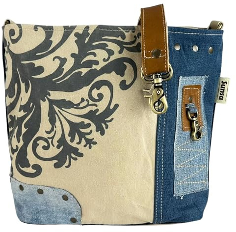 Sunsa Damen Umhängetasche Tasche aus recycelten Jeans Canvas & Leder, Nachhaltige Jeanstasche. Damentasche in Retro/Vintage Design