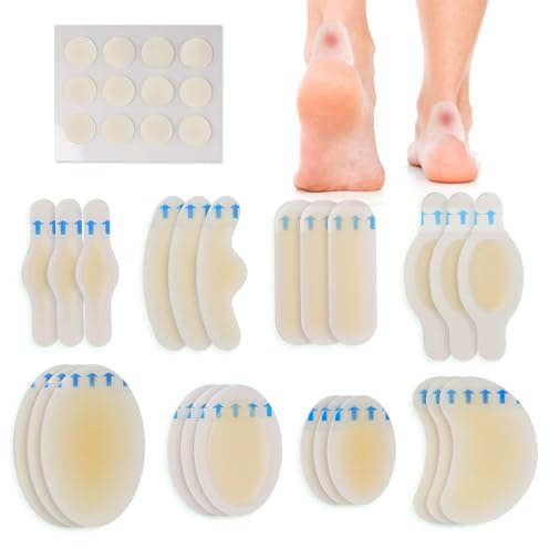 LotFancy Blister Bandages for Feet, 24 Blister Pads and 12 Acne Patches, 8 Size Hydrocolloid Bandage, Waterproof Seal Gel Blister Cushion Variety Pack for Toes Protection, Heel Blister Prevention