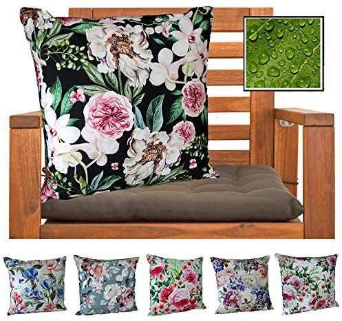 heimtexland ® Outdoorkissen Dekokissen Schmutz- und Wasserabweisend Vintage Garten Outdoor Kissen Blumen Schwarz Typ675