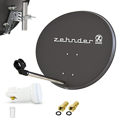 Zehnder 60cm Spiegel Schüssel Stahl + LogiSat Single LNB | 1 Teilnehmer HD Digital SAT Anlage Set anthrazit | DVB-S/S2 Full HDTV 3D 4K Ultra HD UHD Empfang