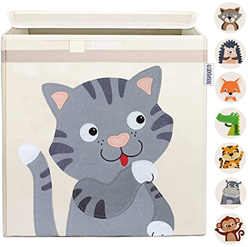 GLÜCKSWOLKE Kinder Aufbewahrungsbox - 15 Motive I Spielzeugkiste mit Deckel für Kinderzimmer I Spielzeug Boxen (33x33x33) Kiste zur Aufbewahrung im Kallax Regal I Bauernhof-Tiere Katze