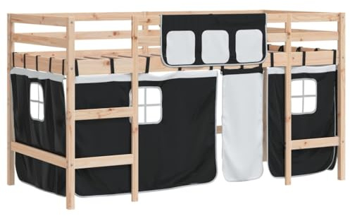 XHNIFBN Hochbett Kinder Weiß Schwarz Kiefer 205x85x113 cm Massivholz mit Vorhängen Spielbett 80 x 200 cm Stauraum unter Liegefläche für Kinderzimmer ab 6 Jahren
