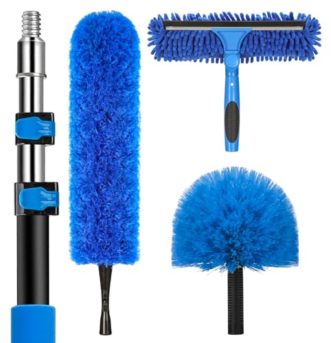 20 Feet High Reach Duster Kit with 5-12 Ft Extension Pole, Cobweb Duster with Telescoping Pole, Window Squeegee with Scrubber, Spider Web Brush, High Ceiling Fan Duster for High Window, Interior Roof