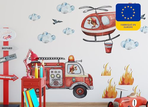 Osomhome | Wohnzimmer Wandtattoo Kinderzimmer Junge | Wandsticker Mädchen Babyzimmer Aufkleber | Feuerwehr Hubschrauber Wanddeko Schalfzimmer | os2800 170x130 cm