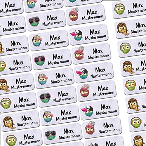 Namensaufkleber Eulen personalisiert wasserfest 120 Stück Schule Kita Set | Sticker mit Wunschname für Brotdose Trinkflasche Stifte Bücher Federmappe Kindergarten Schulstart Eigentum Alltag wasserfest