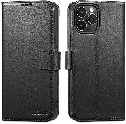 LENSUN Echtleder Hülle für iPhone 13 Pro Max mit 3 Kartenfächer, Schwarz | Echtes Leder Handyhülle, Magnetverschluss, RFID Schutz, Flip Lederhülle, Kontrastdesign Handytasche