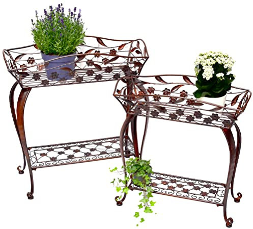 Stephans Möbelbörse 2er Set Pflanzenständer aus Metall Blumenregal Blumenbank Garten Beistelltisch Regal Pflanztreppe Antik