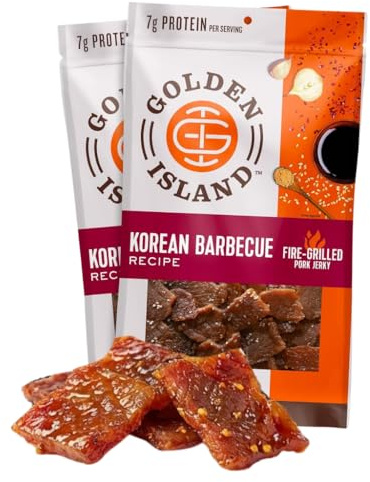 Golden Island Korean BBQ Pork Jerky - (2 Pack) 9 oz Resealable Bag - Fire-Grilled Specialty Meat Snack - Sweet & Savory Protein Snack - 7g Protein per Serving - Made with 100% All-Natural Pork