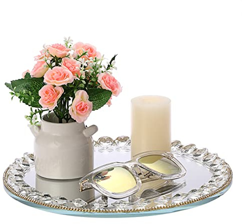 Sumtree Crystal Decor Round Tray, Perfume Vanity Display Tray w/ Mirrored Base, Jewelry Trinket Organizer Tray Dresser, Serving Tray, Makeup Display Tray Skin Care, 27CM, Silver (AMSJ-2627533-UK)