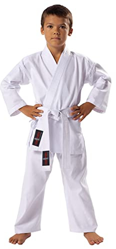 VADER Mixed Karate Suits White/Black Karate Gi for Kids/Adults Pollycotton Medium Weight Karate Uniform Club Training Competition Martial Arts Suit with Free White Belt