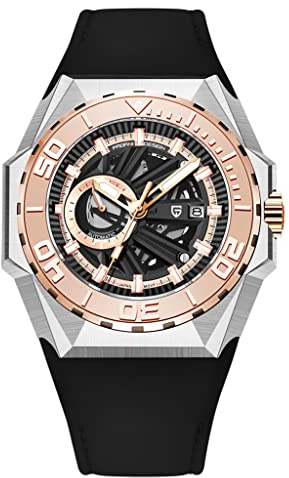 Pagani Design YS007 Herren-Armbanduhr, Automatikuhr, Japan-Uhrwerk, Edelstahl, cool, Lederarmband, 100 m, wasserdicht, Sport-Skelett-Armbanduhr