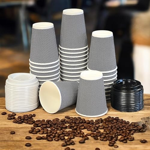 HOT BARGAINS 8oz Disposable Coffee Cups with Reusable Lids, 50 Pack, Black & White, Ripple Paper, Recyclable Takeaway Cups for Hot and Cold Drinks