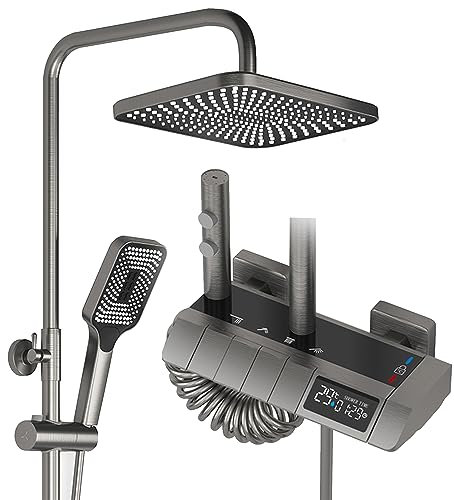 WPHH Gun Grey Duschsystem, 4-Funktionen Badewannen Duscharmatur, Klaviertasten Duschset Mit Regenduschkopf, 3-Modus Handbrause Und 2-Funktionen Bidet Sprühgerät, Wandmontage Duschsäule Set