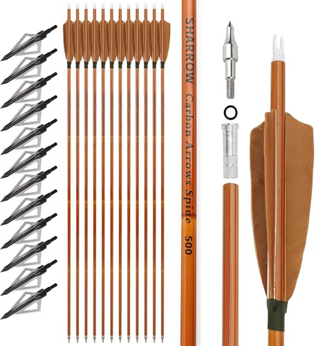 surwolf Bågskytte Kolpilar ID 6,2 mm Jaktpilar Spine 500 Target Arrows for Compound & Recurve Bow 12/24st (brun+pilspets, 12)