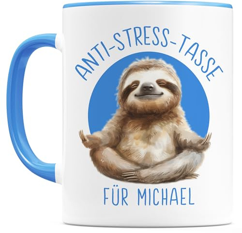 Anti Stress Tasse Faultier Faultiertasse personalisiert mit Namen lustige Kaffeetasse für Büro Kollegin Geschenk Keramiktasse 330 ml (Faultier Blau)