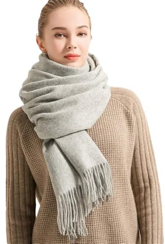 Winterschal aus reiner Wolle für Damen, warm, einfarbig, Pashmina-Quaste, großer Kaschmirschal, Hellgrau 9, 180x70cm