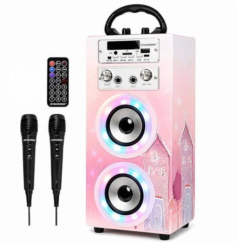 DYNASONIC - Karaoke med 2 mikrofoner, bärbar karaokemaskin. Bluetooth-högtalare med ljus. USB och SD-läsare - present till pojkar och flickor i åldrarna 5 till 13 år (modell 19)