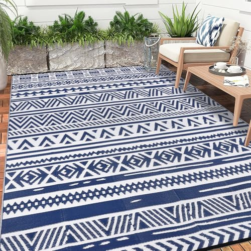 Enyhom Extra Large Outdoor Rug Waterproof 270 x 360 cm, UV Resistant Reversible Garden Carpet Easy Cleaning, Foldable Plastic Patio Mats for Camping Deck Picnic Backyard RV, Blue