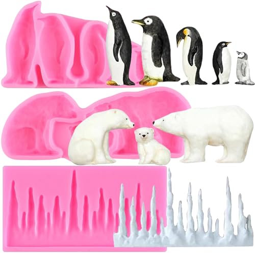 RFGHAC Eisbär-Kuchendekoration, Fondantform, Pinguinfamilie, Eiszapfen, Silikonformen, Tier-Schokoladenform Zum Dekorieren Von Kuchen, Cupcake-Topper, Süßigkeiten, Polymer-Ton, Blütenpaste, 3er-Set