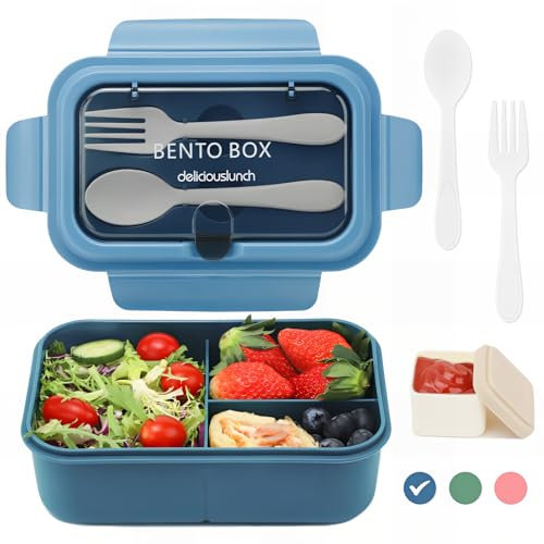 Bugucat Lunch Box Infantil Adulto 1200ML, Lunchbox con 3 Compartimentos y Cubiertos de Plástico, A Prueba de Fugas, Para Escuela, Guardería, Oficina, Libre de BPA