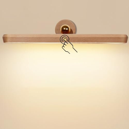 LOGT LED Akku Spiegelleuchte Kabellos Holz Schrankleuchte Dimmbar mit Touch Schalter und 360 ° Drehbar Wandleuchte mit Magnetischer Saugfunktion Lange Wandlampe Innen USB Ladeanschluss Bettlampe