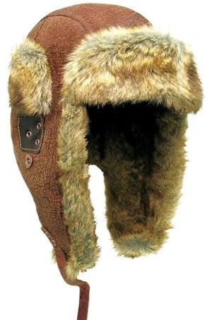 Outbacker Flieger Winter-Mütze | Warme Pilotenmütze mit Kunstfell und Ohrenschützern aus echtem Leder Farbe Tobacco, Größe S I 53-56 cm