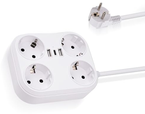DewinLVD Multiprise, Multiprise 4 Compartiments avec 2 Prises USB-A 1 Prise USB-C protégée Contre Les surtensions avec câble de 1.8M pour Bureau à Domicile Blanc