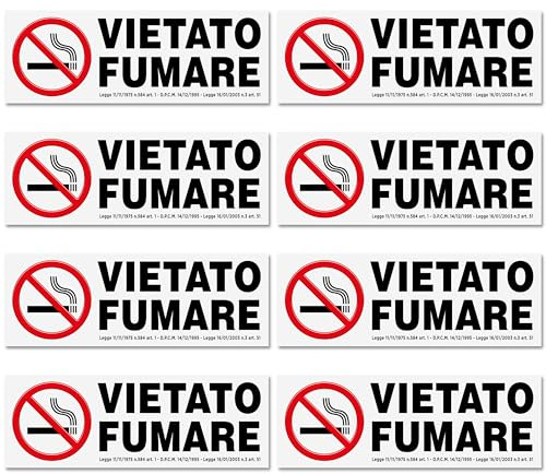 8 Adesivi VIETATO FUMARE formato cm 15x5 | No Smoking | Divieto di Fumo | Con Normativa | Adesivo Resistente per Interno ed Esterno | 8 pz