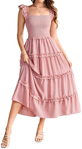 GRACE KARIN Vestido de verano para mujer, línea A, con volantes, con bolsillos, para vacaciones, playa, Clk028-4/Gris Rosa, XL