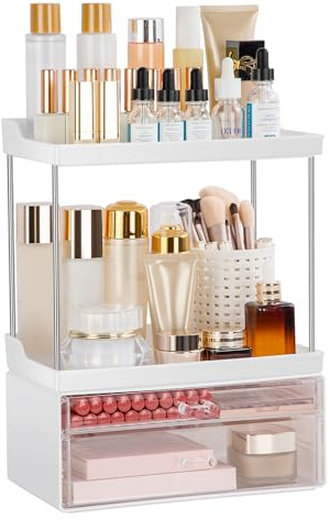 FoiiLiio Organizzatore Trucchi, Make Up Organizer per Profumi, Organizzatore per Cosmetici con 2 Cassetti adatti a Camera da Letto, Toletta, Bagno - Bianco