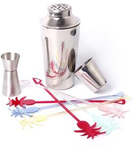 BIRAMBEAU, Set de Cocktail en Acier Inoxydable, Shaker 750ml avec Jigger Double et 6 agitateurs Couleurs, Décoratifs Forme Ananas en Plastique.
