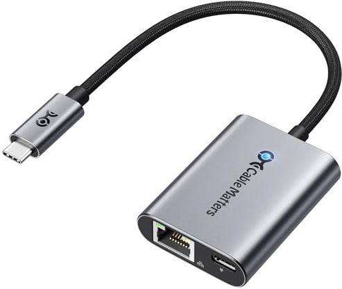 Cable Matters USB-C till Ethernet-Adapter med Laddning, 1000 Mbps Nätverk | 140 W laddning, upp till 480 Mbps för Chromecast med Google TV (2020 och senare), Gigabit Ethernet till USB-C-adapter