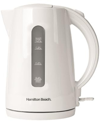 Hamilton Beach Electric Kettle, Essentials, 1.7L Rapid Boil, 3000W, Water Indicator Window, Button Release Lid, Boil-Dry Protection, Illuminated Switch, Auto Shut-Off, Plastic, White - HBK1301W | Convenient Button Release Lid