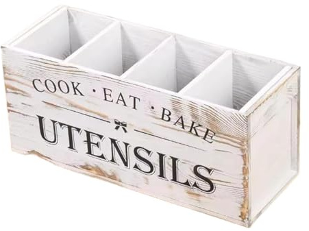 LOVIVER Porte-ustensiles de cuisine, porte-couverts en bois avec compartiments, boîte de rangement rustique pour couverts pour salle à manger et garde-manger, Blanc
