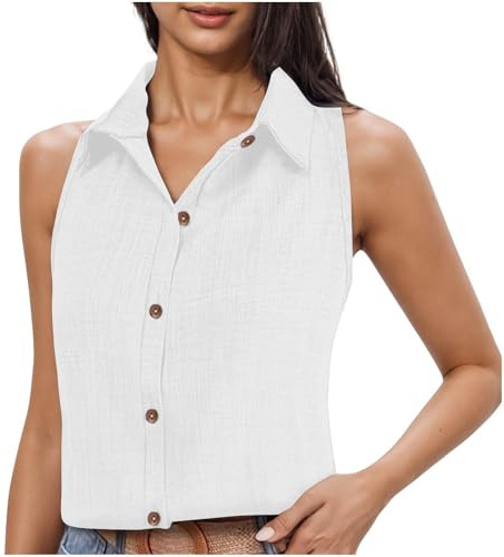 Camiseta sin mangas para mujer de verano de algodón y lino, blusa sin mangas, cuello alto, con botones, chaleco ligero, transpirable, blusa para negocios, oficina, Blanco, S