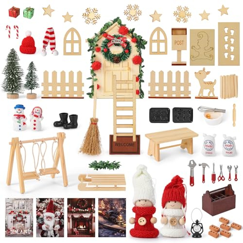 Fulasofia Wichteltür Set 74 PCS, Wichtel Zubehör Weihnachten, Wichtel Baustelle Set, Weihnachtswichtel Set, Miniatur Wichtel Zubehör, Weihnachtsdekoration mit Wichtel Schablone, Fußabdrücke, Schaukelt