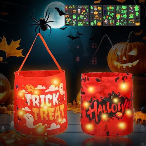 HuaMuDM Borsa Zucca Halloween, 2 PCS Sacchetti Caramelle Halloween con Luci A LED, 6 Adesivi Luminosi, Borsa per Dolcetti con Luce LED,Riutilizzabile,Festa per Bambini (C)
