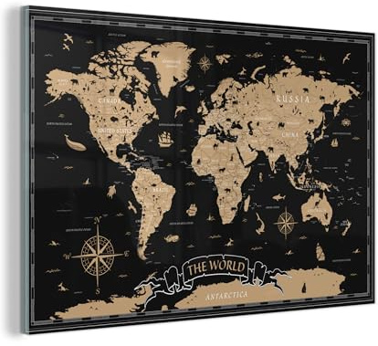 MuchoWow© Glasbilder Wohnzimmer Deko Modern Wandbild Kunstdruck auf Glas | 120x80 cm - Bild Schlafzimmer über Bett Room Decor Geschenke Weltkarte - Beige - Schwarz