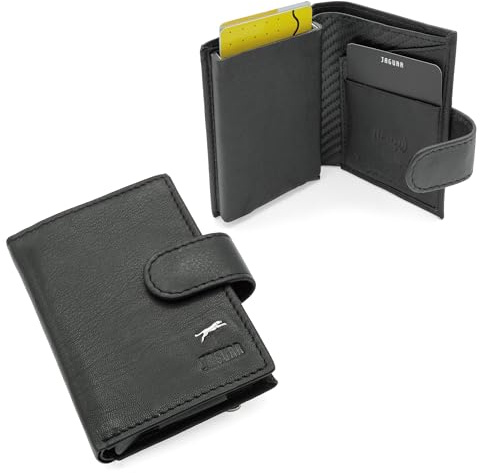 JAGUAR Porta Carte di Credito Uomo in Pelle Dotato di Protezione RFID e Logo Distintivo, Portacarte Uomo Portadocumenti Leggero e Comodo, Idea Regalo per Compleanno (Nero)