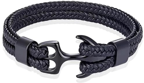 Tom Jaxon Herren Armband Anker geflochten Leder, 18cm, /Edelstahl/Leder