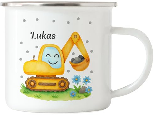 Kiddle-Design Bagger Tasse Kinder Personalisiert mit Name - Kinderbecher für Kindergarten, Kita - Kindertasse mit Baustelle und Fahrzeuge als Trinkbecher, Zahnputzbecher - Tasse Blau