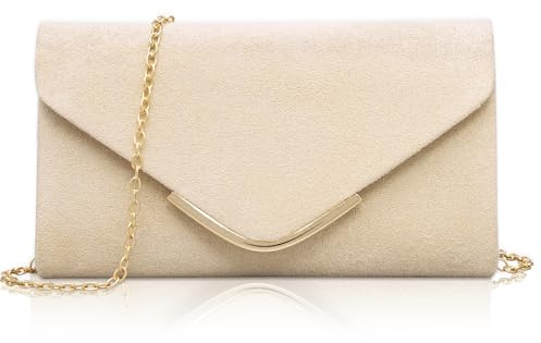 Larcenciel Damen Clutch, Nude Leder Handtaschen mit Kette, Elegant Envelope Abendtasche Mode Crossbody Umschlag Tasche