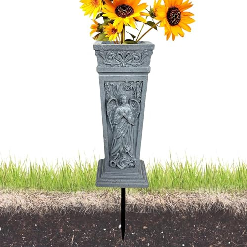 Hitburu Vaso per Cimitero per Tomba | Picchetto da Terra in Materiale Resina con Scultura di Angelo,Supporto Per Fiori Da Cimitero Per Tombe - Per Mamma Papà Amici Tomba Mausoleo
