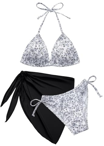 Vijamiy Costume Donna Tre Pezzi Costumi da Bagno Bikinis Set 3 Pezzi Bikini Mare Curvy Push Up Sexy Halter Beachwear con Supporto per Gonna(Nero e Bianco,M)