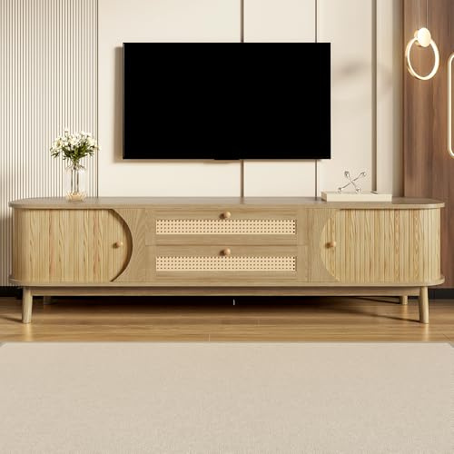 Merax Meuble TV Rotin et Bois Naturel – Buffet TV 170 cm en Bois Massif avec Portes + Tiroirs en Rattan Tressé – Style Campagne/Bohème, Meuble TV de Rangement, Naturel