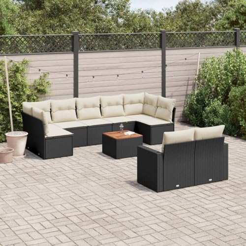 Bucmath 10-TLG. Garten-Sofagarnitur, Schwarz Poly Rattan Loungeset mit Kissen, Modulares Outdoor Möbelset für Terrasse, Balkon, UV-beständig, 110 kg Traglast