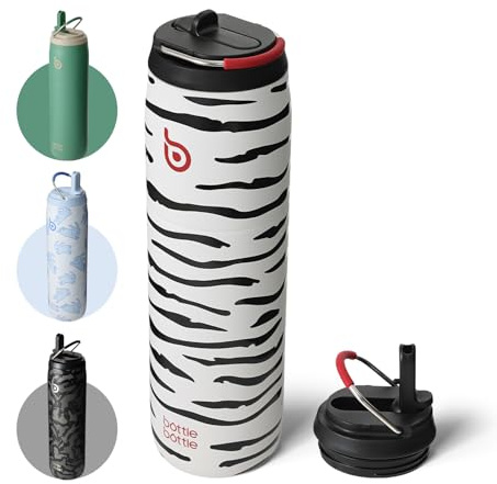BOTTLE BOTTLE Bouteille d'eau isotherme en acier inoxydable de 32oz / 946 ml avec poignée à paille pour sport, voyage, gym, double paroi anti-fuite, sans BPA (motif rayures zèbre)