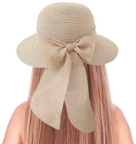 ZXTGBQ Sombrero Paja Mujer con Lazo, Sombrero Moderno de ala Ancha para Mujer, Bucket Hat Pamela Playa Plegable, Plegable de ala Ancha para Playa, Paja de Verano UPF 50+ para Viaje Vacaciones