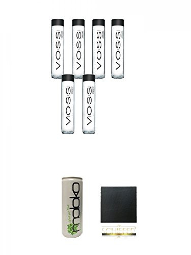 Voss Artesian SPARKLING Gletscher Wasser in Glasflasche 6 x 0,8 Liter + Moloko Softdrink 0,25 Liter + Schiefer Glasuntersetzer eckig ca. 9,5 cm Durchmesser